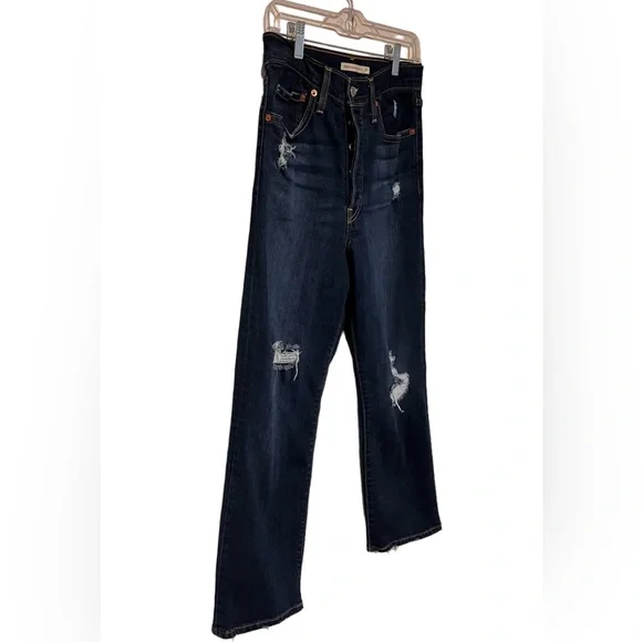 Levi’s Women SZ 27 Ribcage Straight Ankle Distresses High Wasted Dark Wash Jeans - Picture 3 of 7